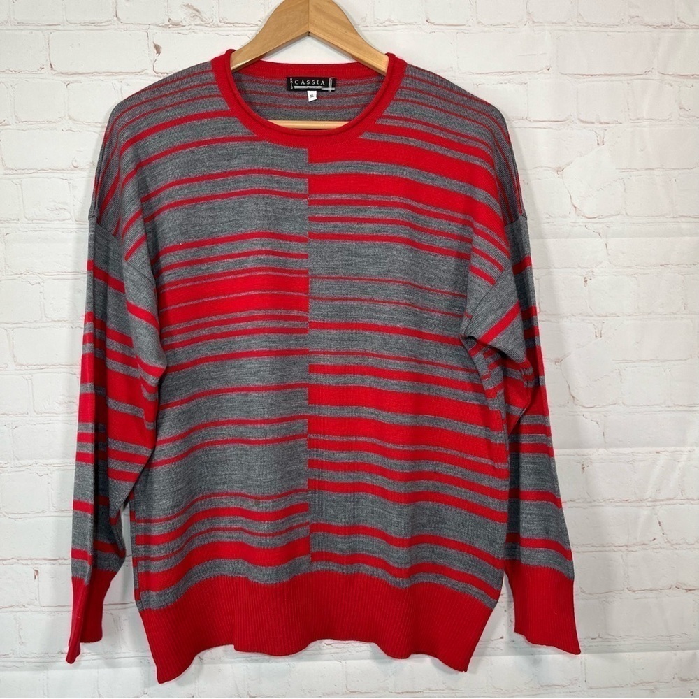 Kris Cassia Sweater Womens Size XL Red Gray Striped Wool Blend Top